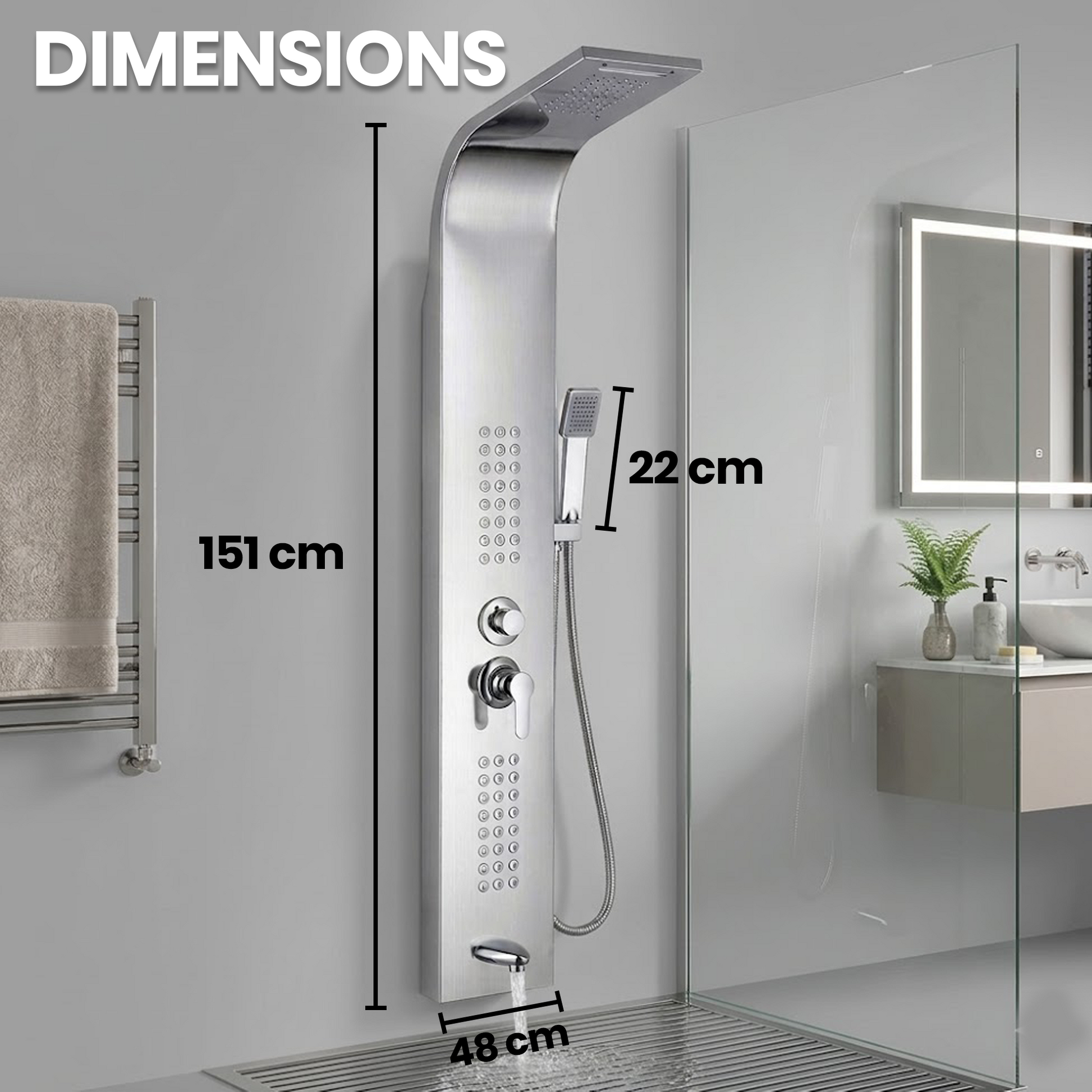 Stainless Steel Shower Panel Tower – Rainfall, Waterfall, Jets, Tub Spout & Hand Shower - image 6