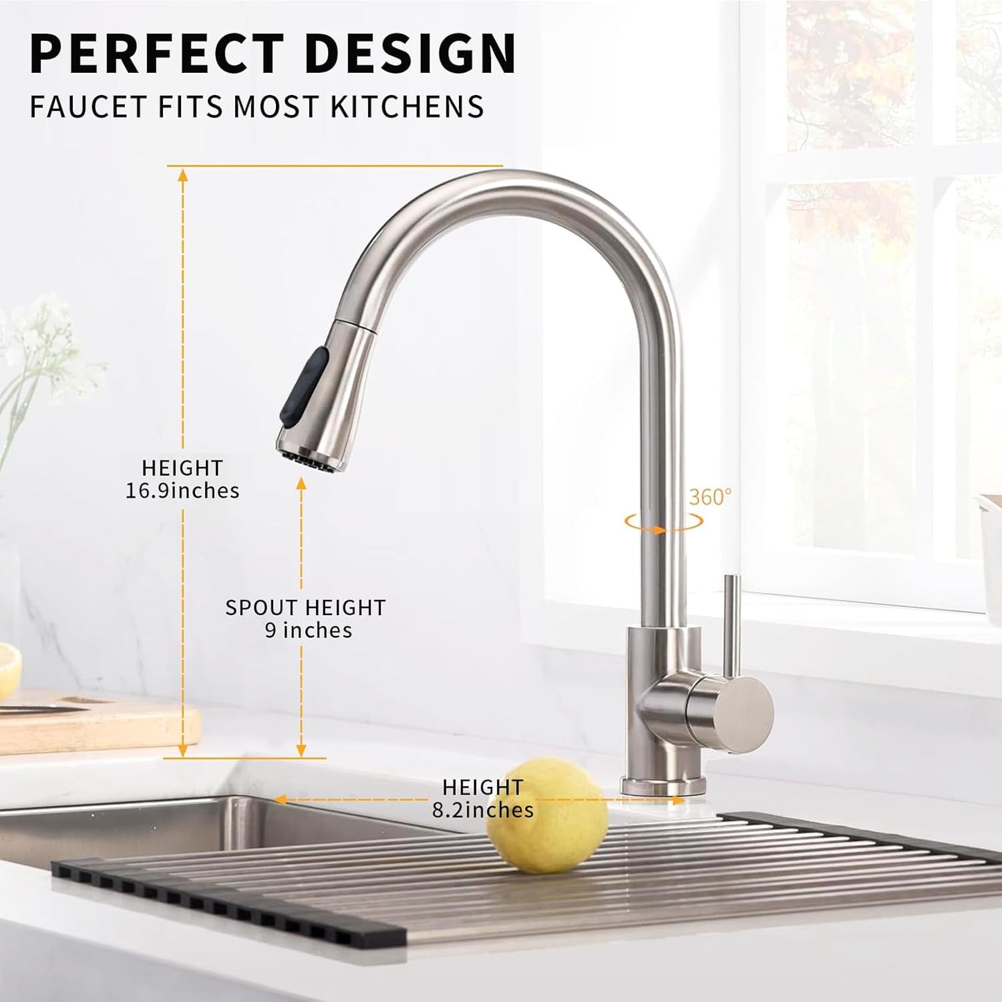 Kitchen Faucet with Pull-Down Sprayer, Stainless Steel High Arc Mixer with 2 Spray Modes, Hot & Cold Water, 360° Rotating Sink Tap, Available in Chrome, Black, and Gold