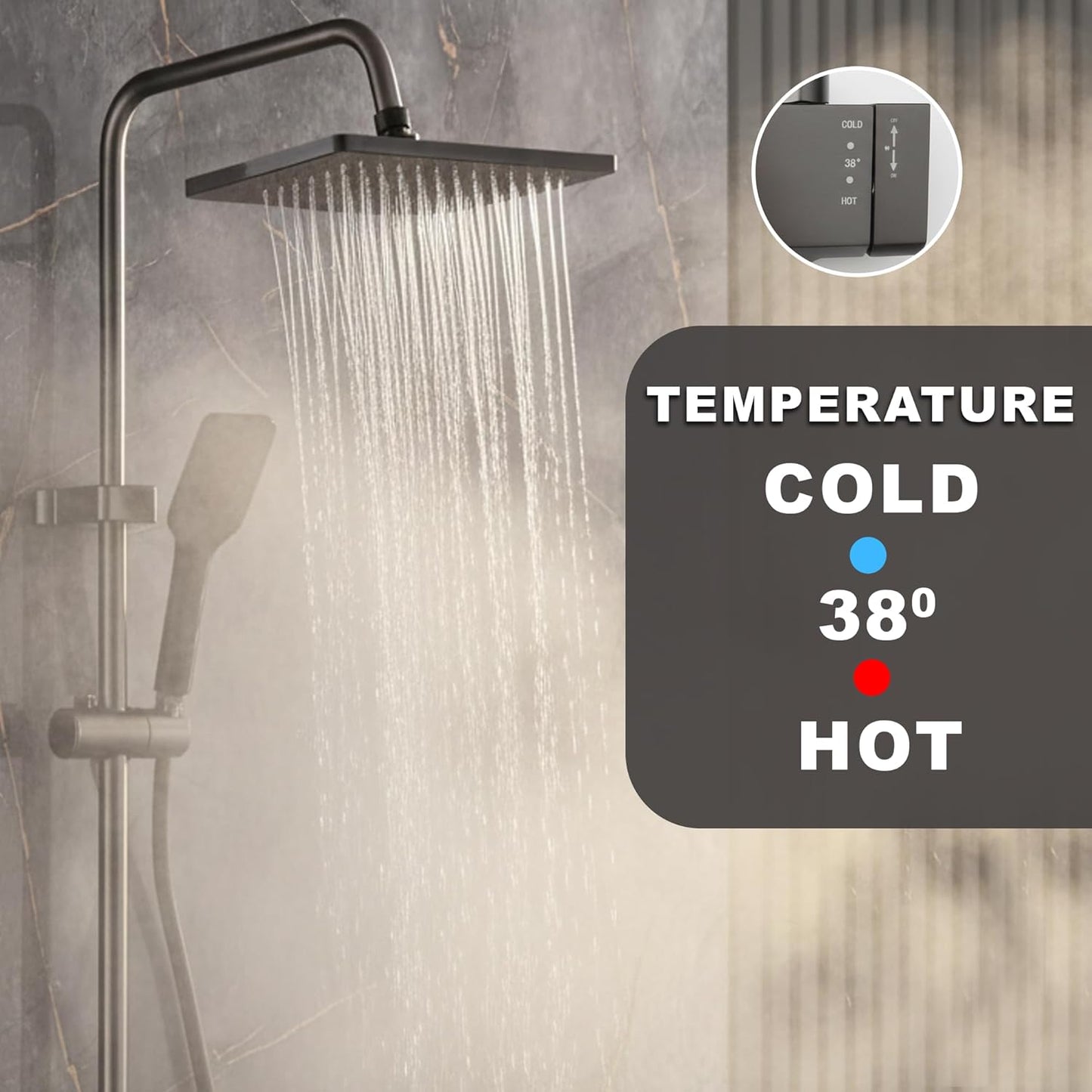 TAZEET Piano Key Thermostatic Shower Set – Rain Shower Head, Hand Shower, Shattaf & Tub Spout, 4-Function Wall Mount System with 38°C Anti-Scald (Grey)