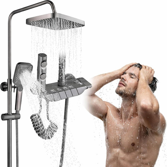 TAZEET Piano Key Thermostatic Shower Set – Rain Shower Head, Hand Shower, Shattaf & Tub Spout, 4-Function Wall Mount System with 38°C Anti-Scald (Grey)