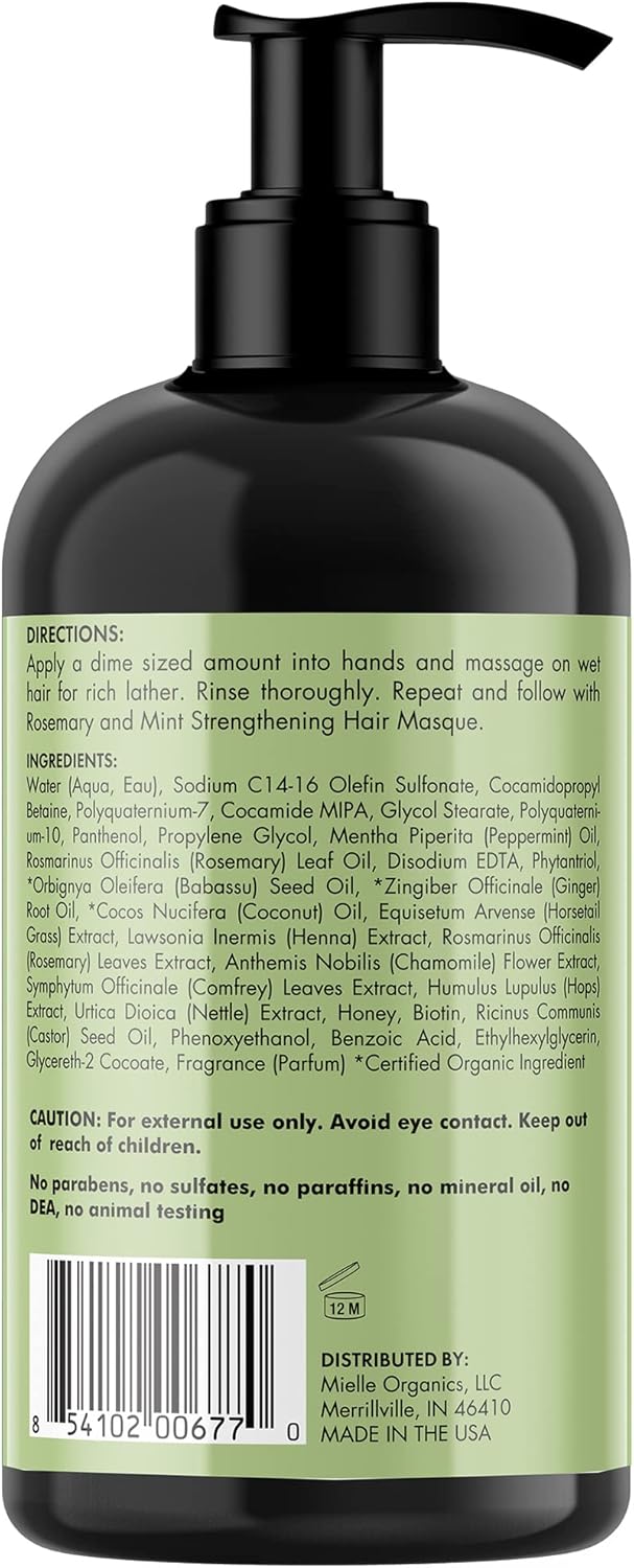 Mielle Organics Rosemary Mint Strengthening Shampoo Infused with Biotin, Cleanses and Helps Strengthen Weak and Brittle Hair, 12 Ounces