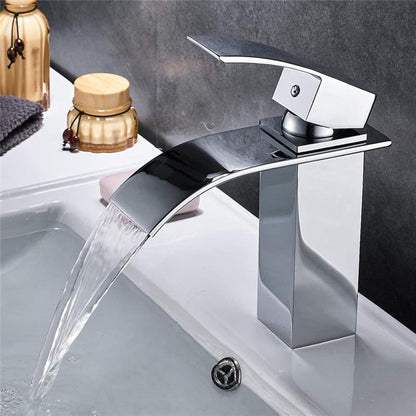 TAZEET Waterfall Bathroom Faucet – Stainless Steel Vanity Sink Faucet, Single Handle Basin Mixer Tap for Hot & Cold Water, Modern Short Design