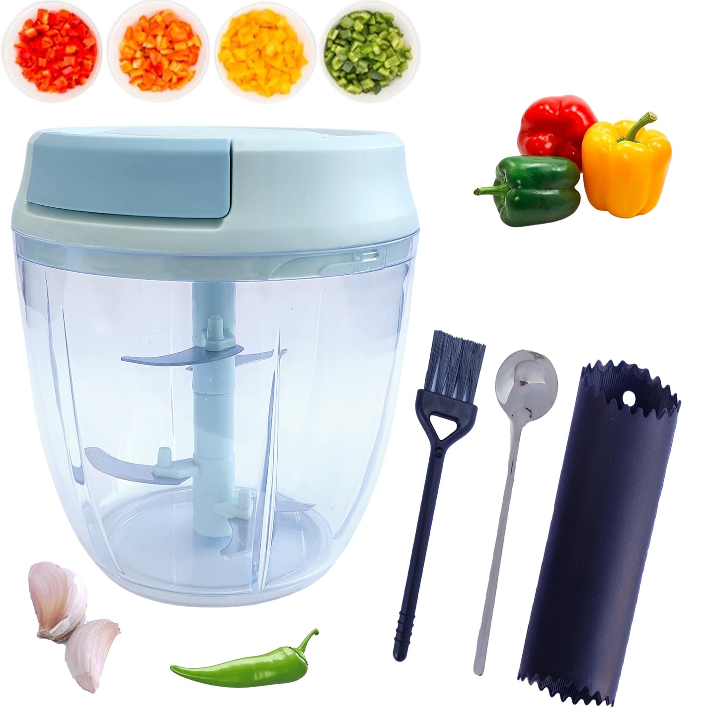 Tazeet 900Ml Upgraded Quality Manual Hand-Pulled Food Processor - Compact Portable String Vegetable Chopper for Small Kitchens, Quick Mincer for Vegetables, Garlic, Onions. Garlic Peeler Convinient