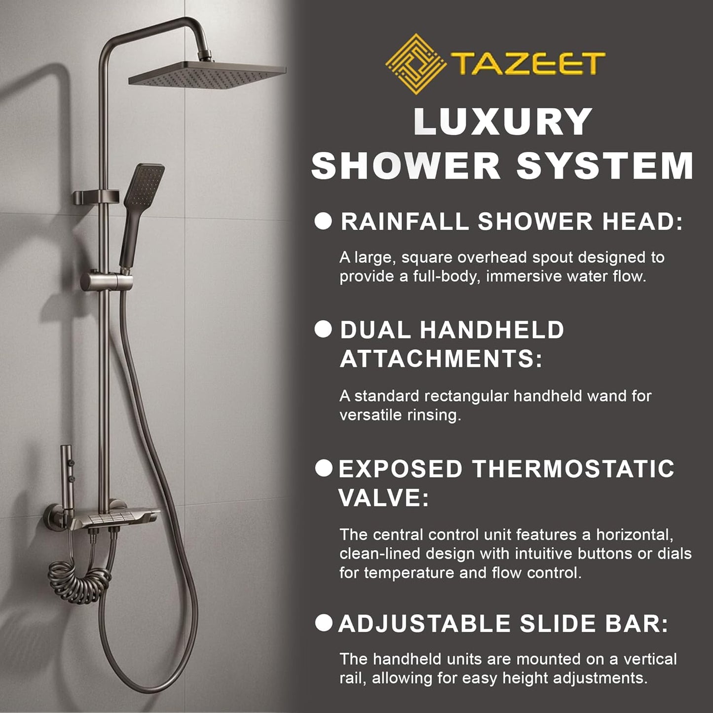 TAZEET Piano Key Thermostatic Shower Set – Rain Shower Head, Hand Shower, Shattaf & Tub Spout, 4-Function Wall Mount System with 38°C Anti-Scald (Grey)