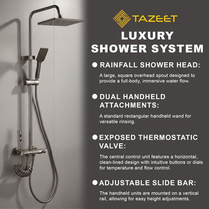 TAZEET Piano Key Thermostatic Shower Set – Rain Shower Head, Hand Shower, Shattaf & Tub Spout, 4-Function Wall Mount System with 38°C Anti-Scald (Grey)