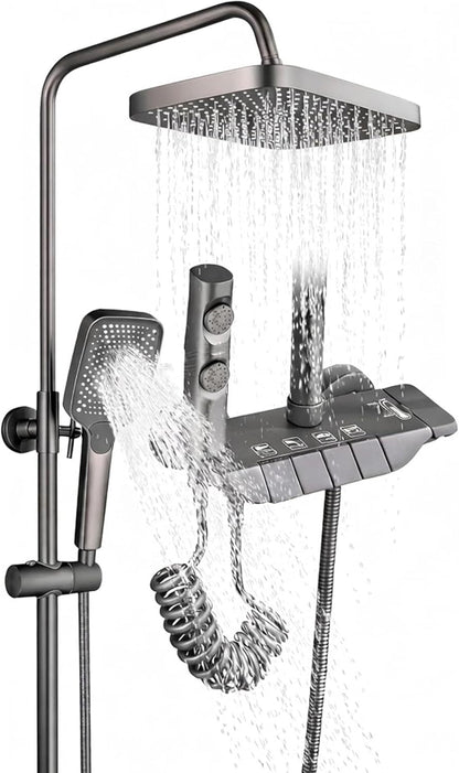 TAZEET Piano Key Thermostatic Shower Set – Rain Shower Head, Hand Shower, Shattaf & Tub Spout, 4-Function Wall Mount System with 38°C Anti-Scald (Grey)