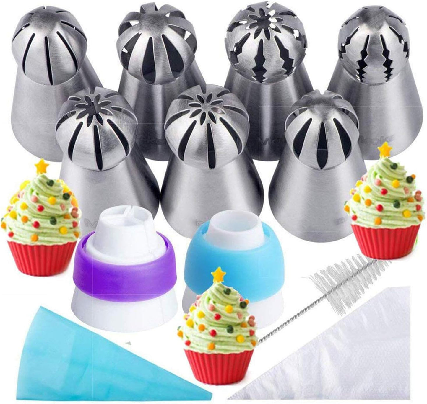 Tazeet 22-Piece Russian Piping Tips Cake Decorating Kit – Includes 8 Russian Tips, Disposable Pastry Bags, Reusable Silicone Bag, Couplers, and Cleaning Brush