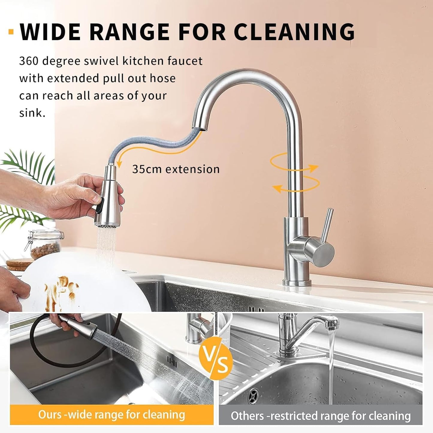 Kitchen Faucet with Pull-Down Sprayer, Stainless Steel High Arc Mixer with 2 Spray Modes, Hot & Cold Water, 360° Rotating Sink Tap, Available in Chrome, Black, and Gold