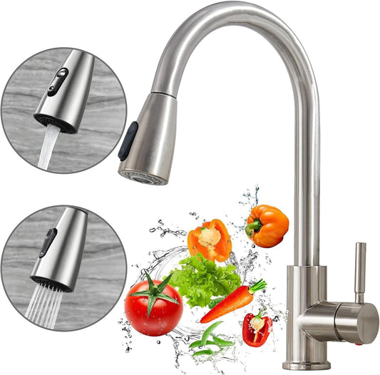 Kitchen Faucet with Pull-Down Sprayer, Stainless Steel High Arc Mixer with 2 Spray Modes, Hot & Cold Water, 360° Rotating Sink Tap, Available in Chrome, Black, and Gold