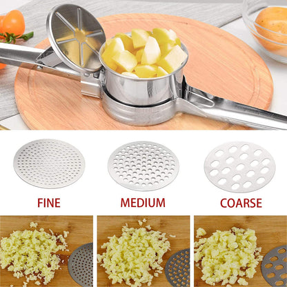 Potato Ricer, Stainless Steel Lemon Squeezer Manual, Garlic Press with 3 Removable and Interchangeable Discs, Masher Ricer Kitchen Tool for Fruit Potato Garlic Vegetable Cheese