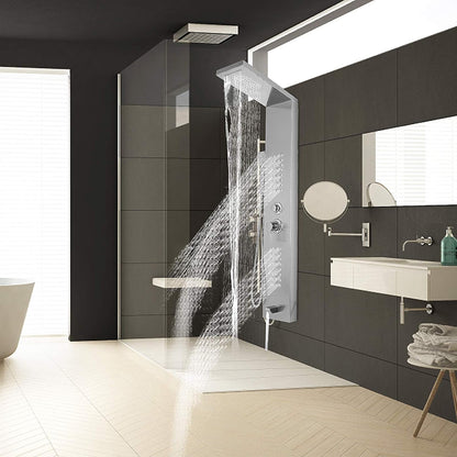 Stainless Steel Shower Panel Tower System with Multi-Function Rainfall, Waterfall, Massage Jets, Tub Spout, and Hand Shower for Home, Hotel, Resort