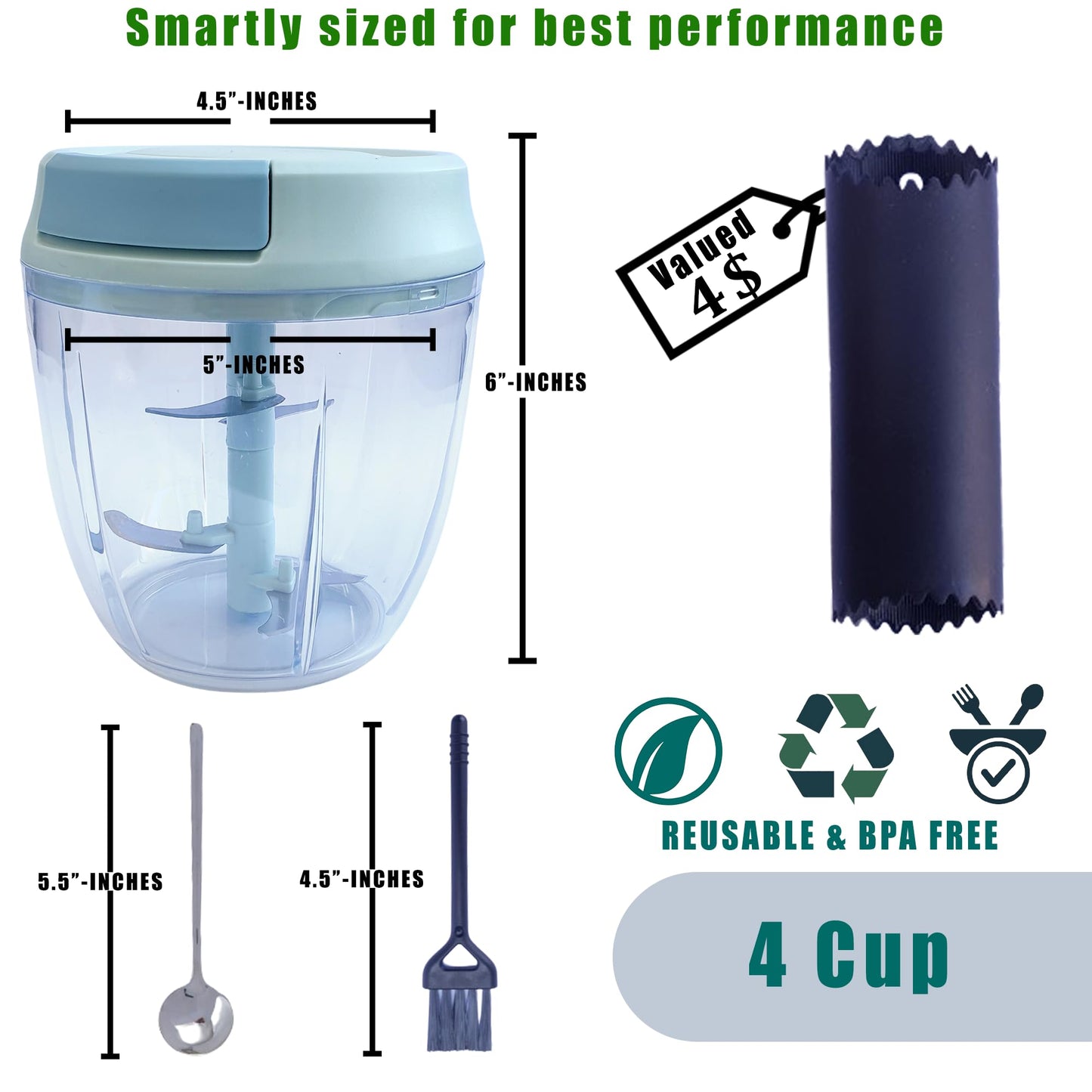 Tazeet 900Ml Upgraded Quality Manual Hand-Pulled Food Processor - Compact Portable String Vegetable Chopper for Small Kitchens, Quick Mincer for Vegetables, Garlic, Onions. Garlic Peeler Convinient