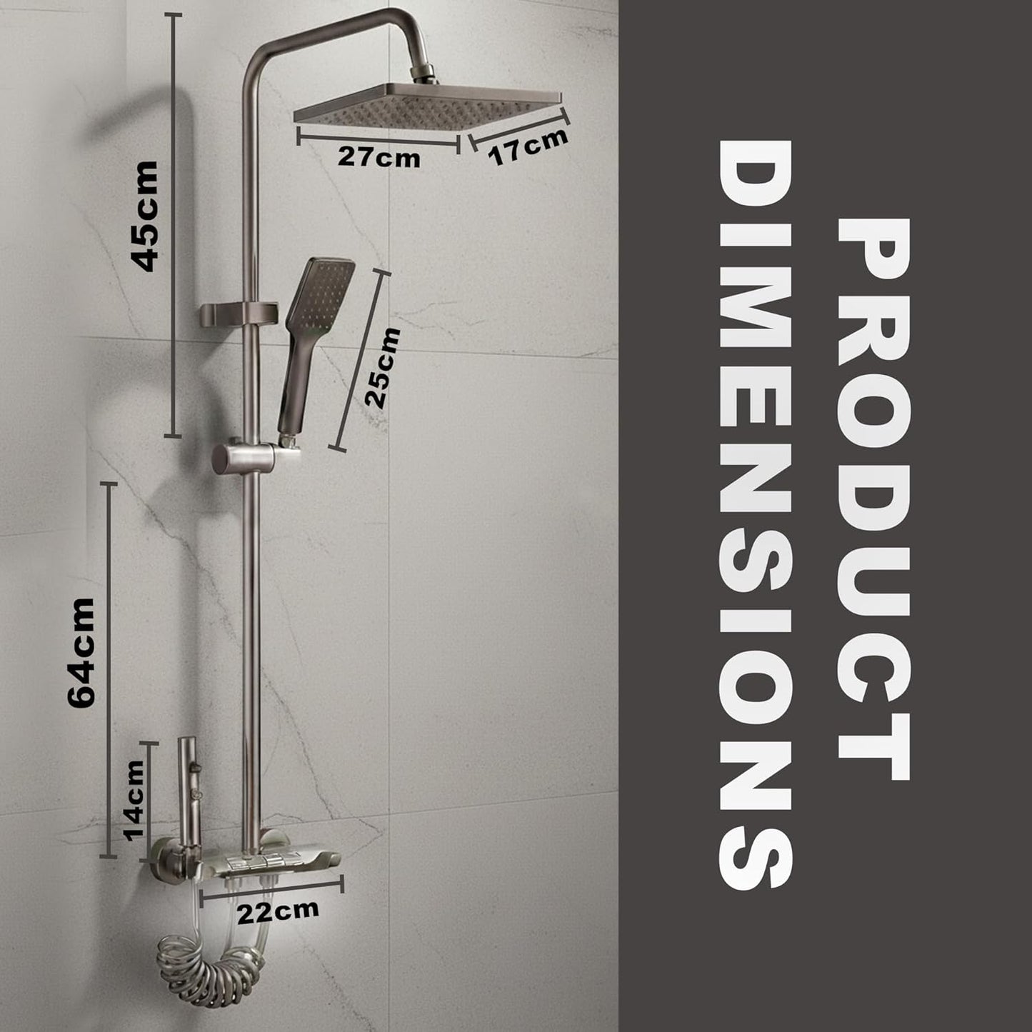 TAZEET Piano Key Thermostatic Shower Set – Rain Shower Head, Hand Shower, Shattaf & Tub Spout, 4-Function Wall Mount System with 38°C Anti-Scald (Grey)