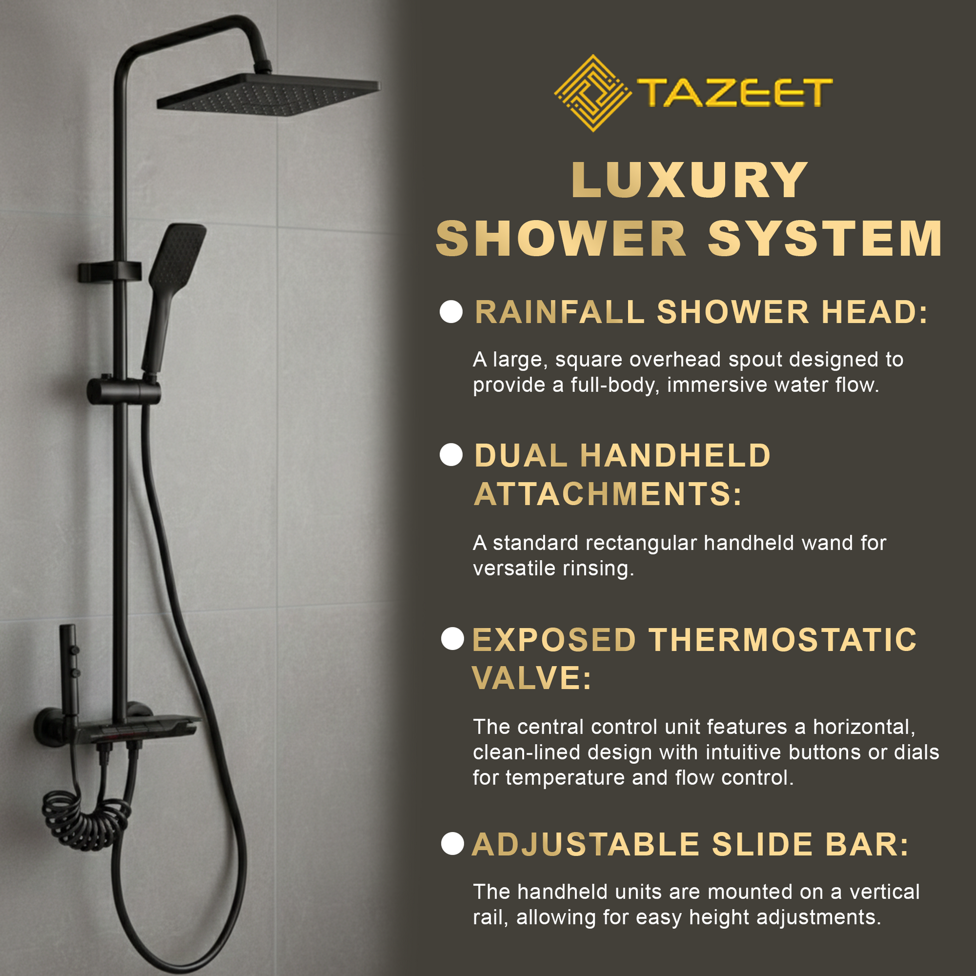 TAZEET Piano Key Thermostatic Shower Set - Rain Head, Hand Shower, Shattaf & Tub Spout - image 5