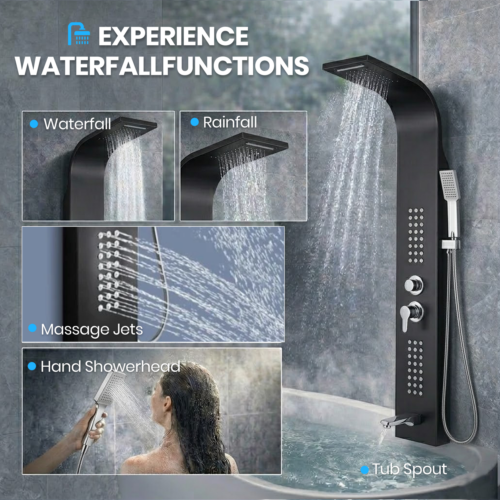 Stainless Steel Shower Panel Tower – Rainfall, Waterfall, Jets, Tub Spout & Hand Shower - image 19