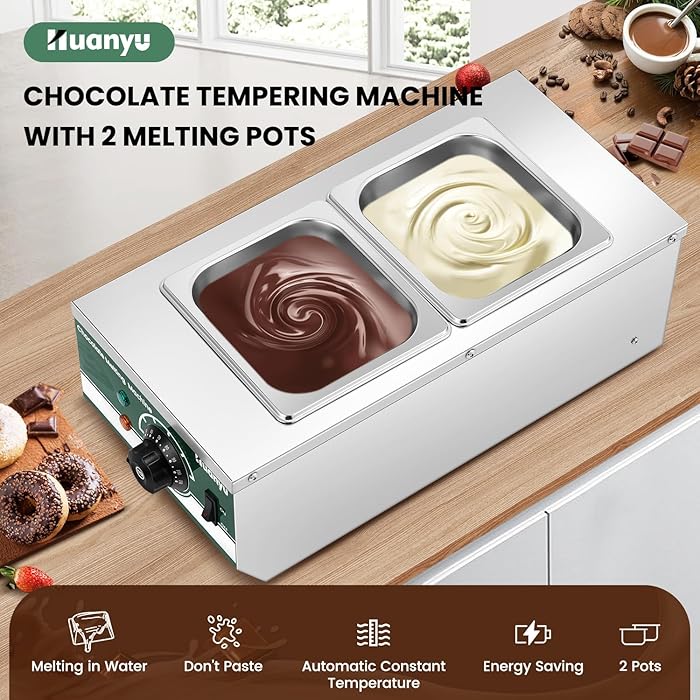 Huanyu 600W Commercial Chocolate Tempering Machine – 2x1.6L Pots, Adjustable Temperature (30°C~80°C), Water Heating for Chocolate, Cream, and More – Durable Stainless Steel Design for UAE Kitchens & Businesses