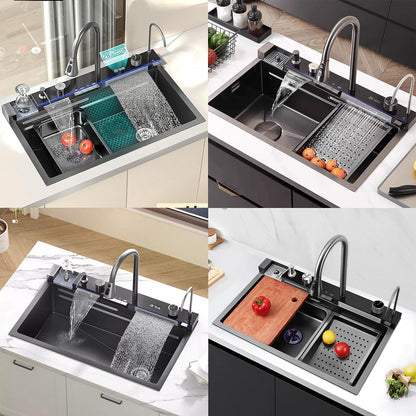 FIVIXIL Kitchen Sink Whale Digital Waterfall Sink with cup washer, soap dispenser, Flying Rain Waterfall Dispenser, Counter Controls, etc Workstation Kitchen Sink