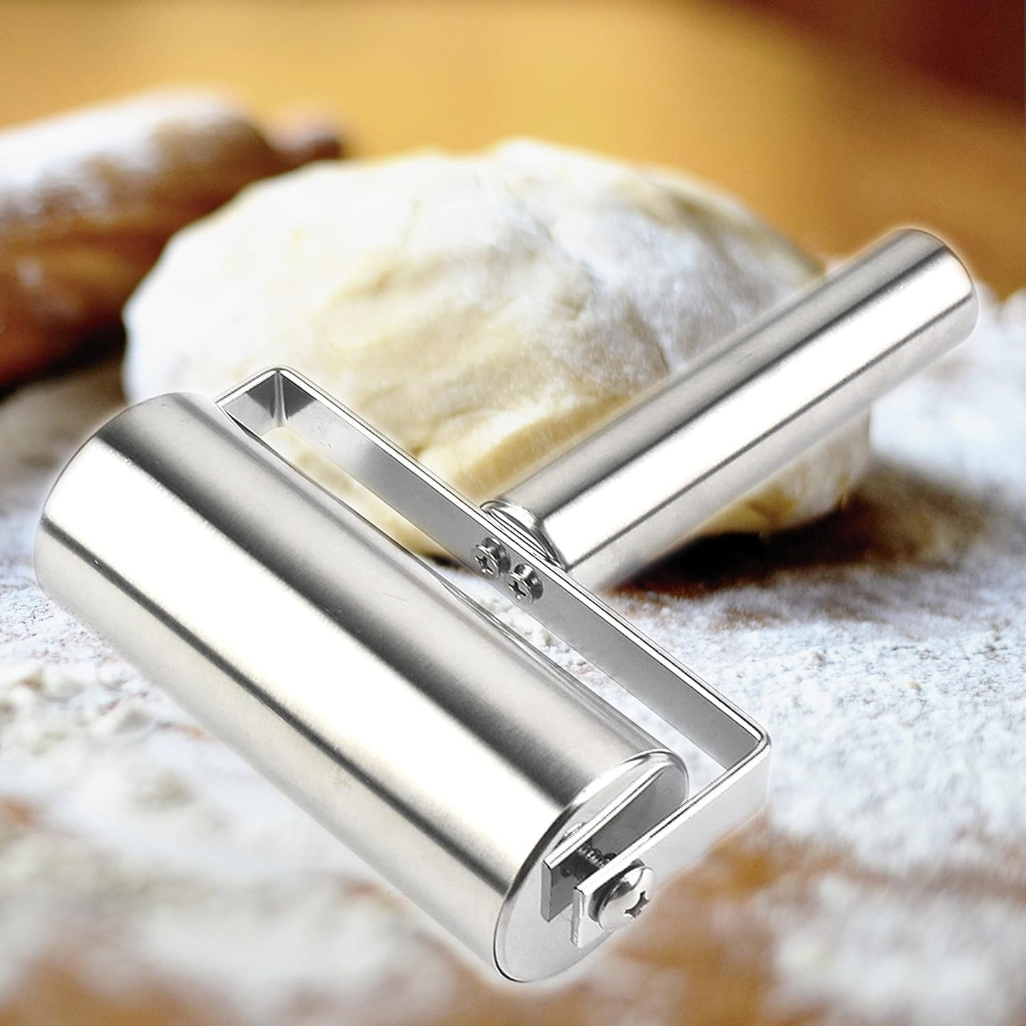 Tazeet Pastry Pizza Roller, Non Stick Smooth Stainless Steel Rolling Pin Metal Kitchen Utensils, for Baking Dough, Pizza, Pie, Pastries, Pasta, Cookies