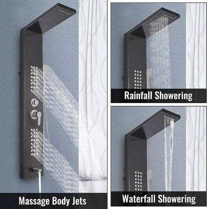 Stainless Steel Shower Panel Tower System with Multi-Function Rainfall, Waterfall, Massage Jets, Tub Spout, and Hand Shower for Home, Hotel, Resort