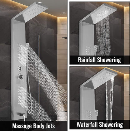 Stainless Steel Shower Panel Tower System with Multi-Function Rainfall, Waterfall, Massage Jets, Tub Spout, and Hand Shower for Home, Hotel, Resort