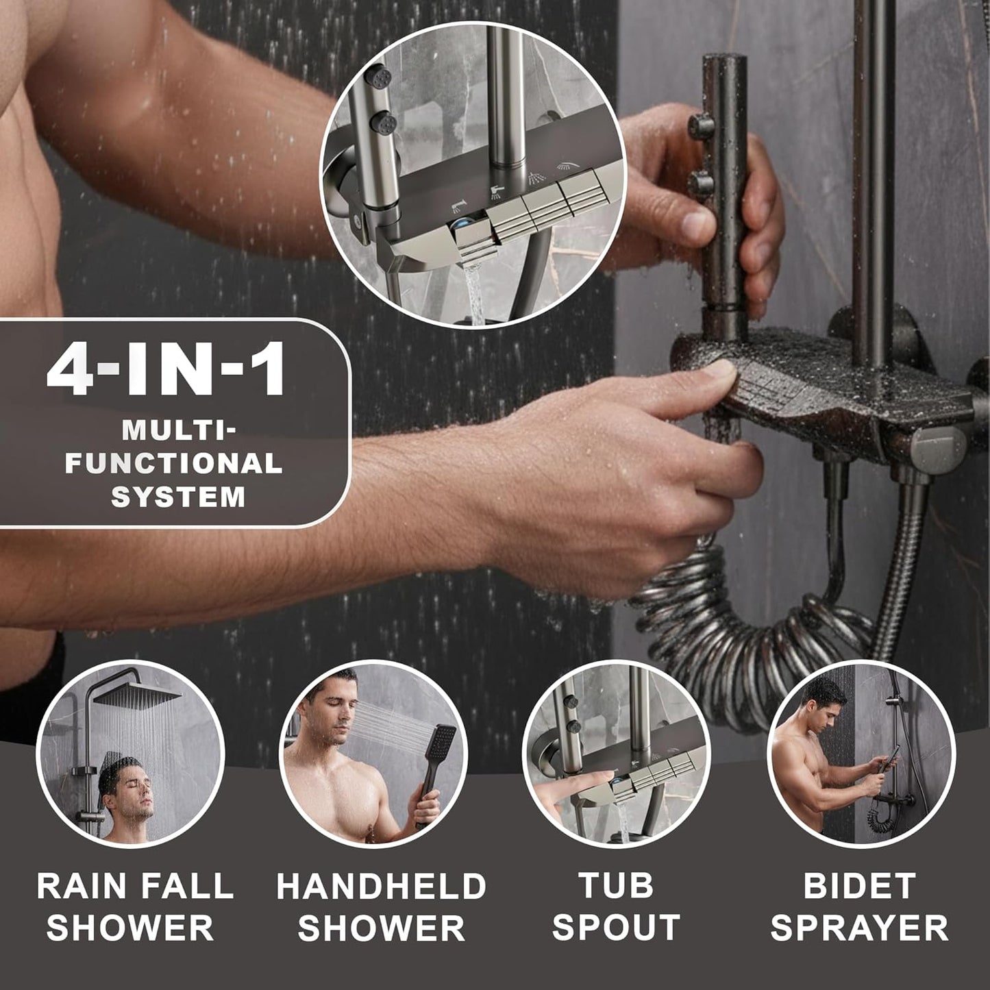 TAZEET Piano Key Thermostatic Shower Set – Rain Shower Head, Hand Shower, Shattaf & Tub Spout, 4-Function Wall Mount System with 38°C Anti-Scald (Grey)