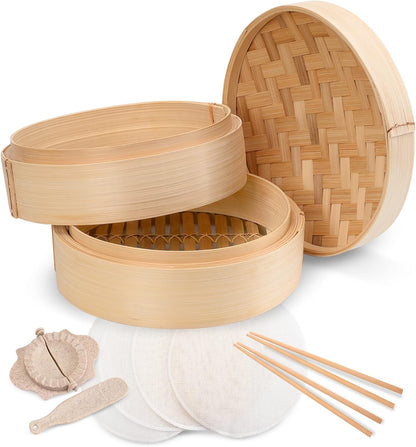 Tazeet Handmade Bamboo Steamer Basket Set with Lid, Dumpling Maker, Reusable Cotton Liners, and Chopsticks – For Steaming Rice, Vegetables, Fish, Meat, and Desserts