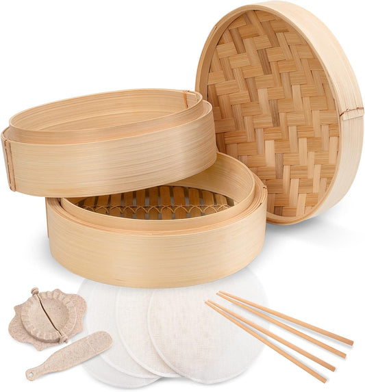 Tazeet Handmade Bamboo Steamer Basket Set with Lid, Dumpling Maker, Reusable Cotton Liners, and Chopsticks – For Steaming Rice, Vegetables, Fish, Meat, and Desserts