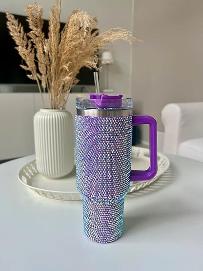 40 Oz Tumbler With Handle Studded Tumbler With Lid and Straw Insulated Stainless Steel Double Wall Water Cup Travel Mug Water Bottle Tumblr For Women - Tazeet.com