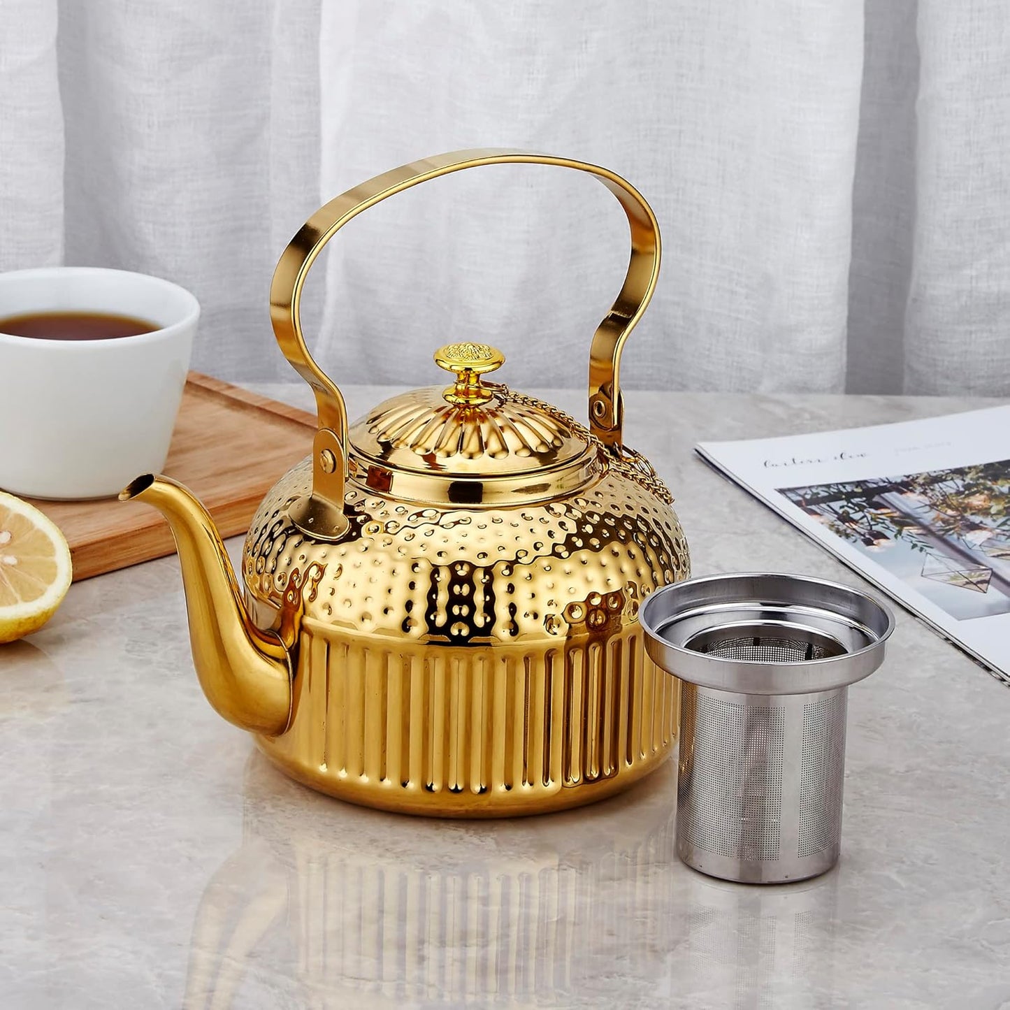 Antique Stainless Steel Teapot with Infuser - Hand-Hammered Design, Chain-Linked Lid, & Versatile Heating for Tea & Coffee