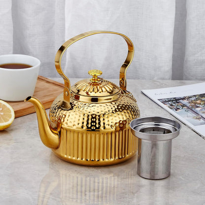 Antique Stainless Steel Teapot with Infuser - Hand-Hammered Design, Chain-Linked Lid, & Versatile Heating for Tea & Coffee