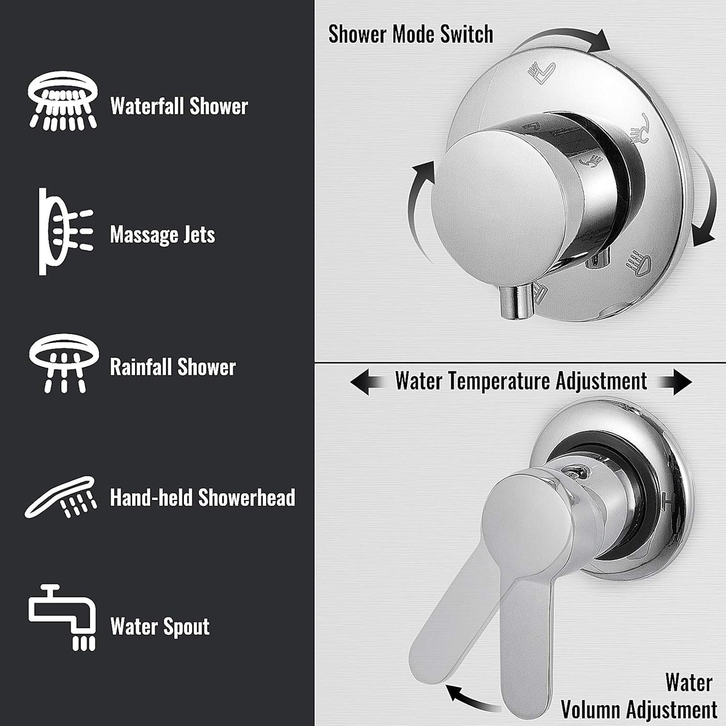 Stainless Steel Shower Panel Tower System with Multi-Function Rainfall, Waterfall, Massage Jets, Tub Spout, and Hand Shower for Home, Hotel, Resort