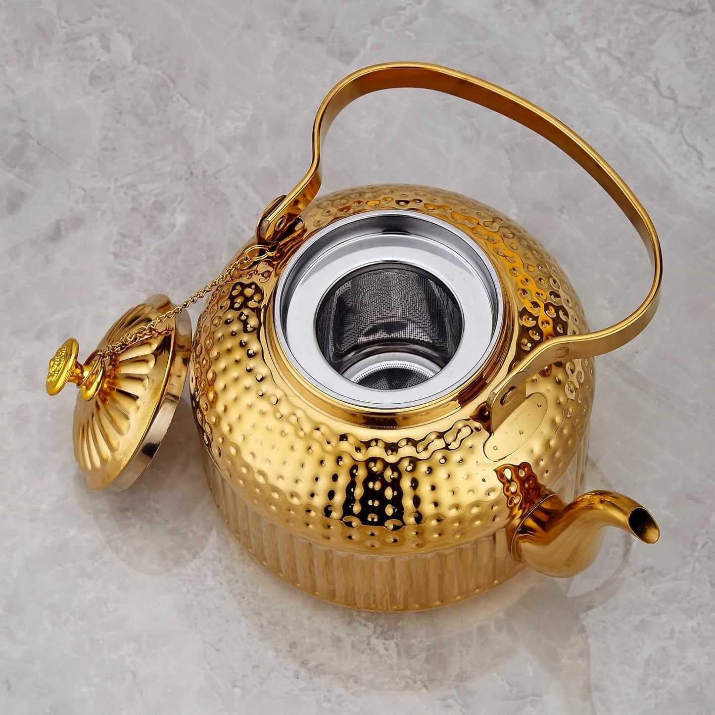 Antique Stainless Steel Teapot with Infuser - Hand-Hammered Design, Chain-Linked Lid, & Versatile Heating for Tea & Coffee