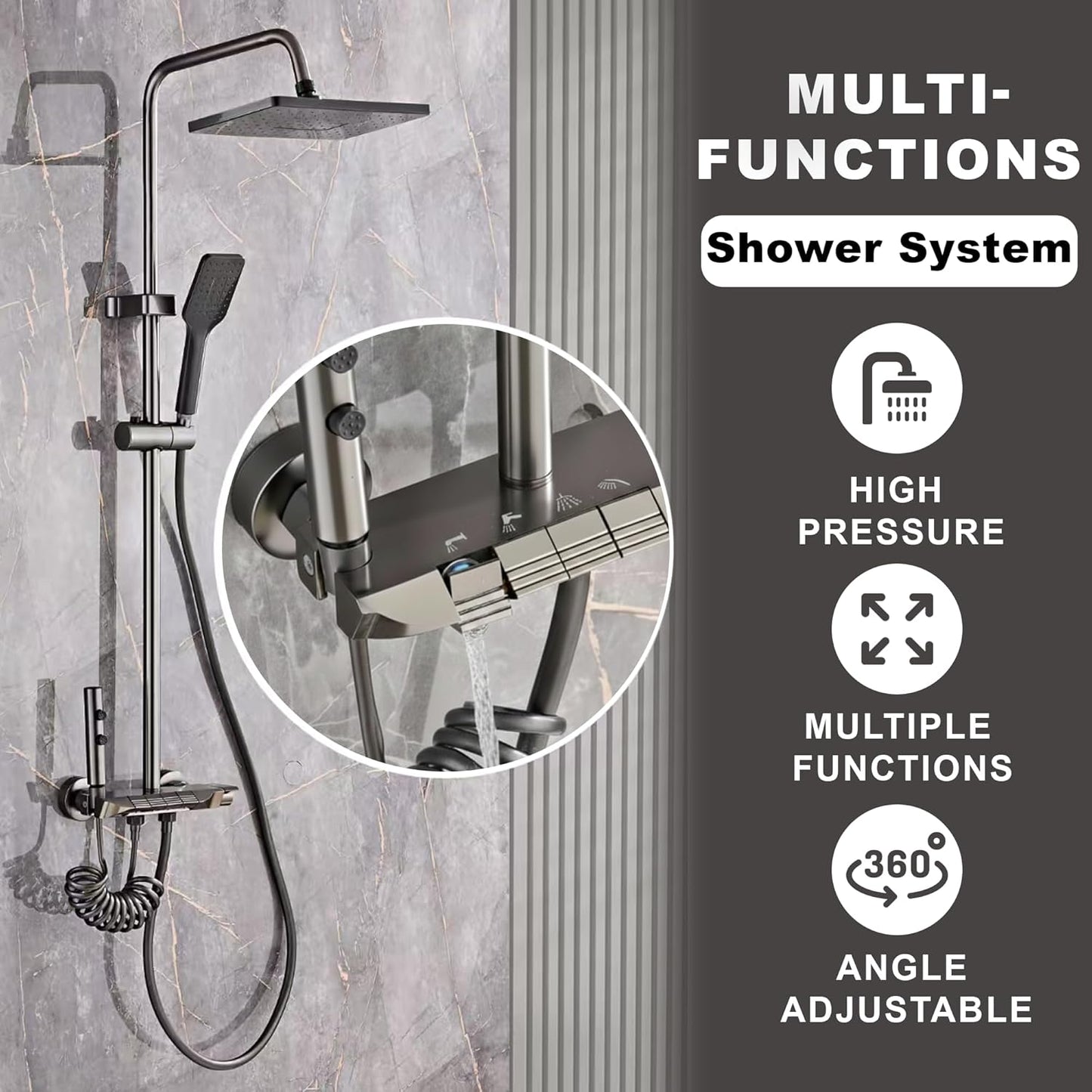 TAZEET Piano Key Thermostatic Shower Set – Rain Shower Head, Hand Shower, Shattaf & Tub Spout, 4-Function Wall Mount System with 38°C Anti-Scald (Grey)