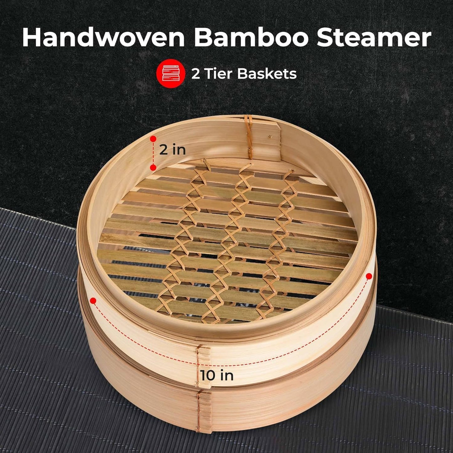 Tazeet Handmade Bamboo Steamer Basket Set with Lid, Dumpling Maker, Reusable Cotton Liners, and Chopsticks – For Steaming Rice, Vegetables, Fish, Meat, and Desserts