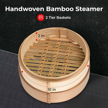 Tazeet Handmade Bamboo Steamer Basket Set with Lid, Dumpling Maker, Reusable Cotton Liners, and Chopsticks – For Steaming Rice, Vegetables, Fish, Meat, and Desserts