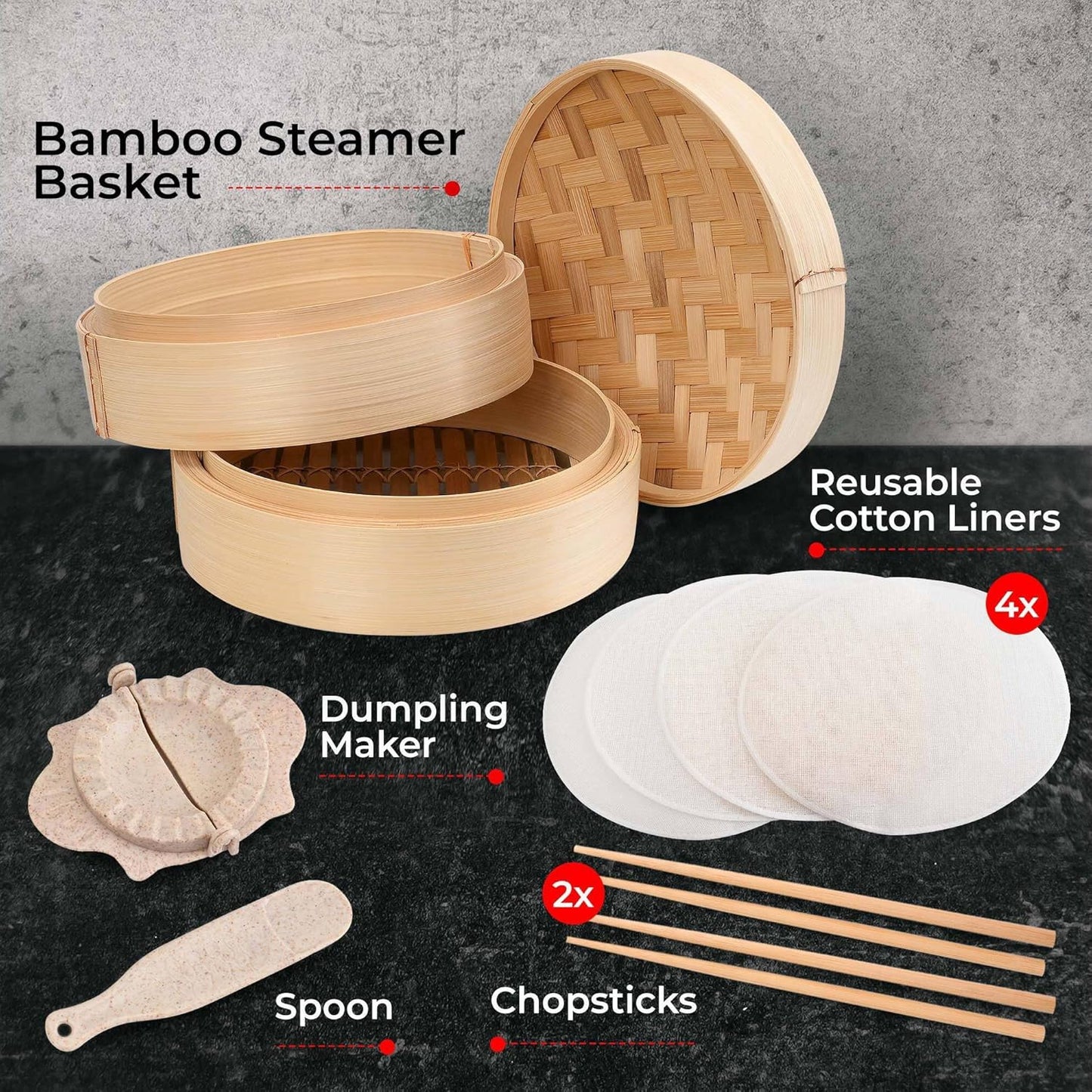 Tazeet Handmade Bamboo Steamer Basket Set with Lid, Dumpling Maker, Reusable Cotton Liners, and Chopsticks – For Steaming Rice, Vegetables, Fish, Meat, and Desserts