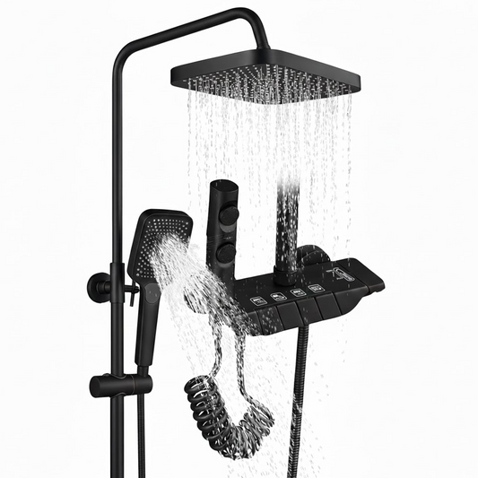 TAZEET Piano Key Thermostatic Shower Set - Rain Head, Hand Shower, Shattaf & Tub Spout