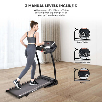 JC BUCKMAN V-Jog Treadmill – 2.0 HP Motor, Foldable, 3-Level Manual Incline, LCD Display, Shock Absorption, 12 Preset Programs