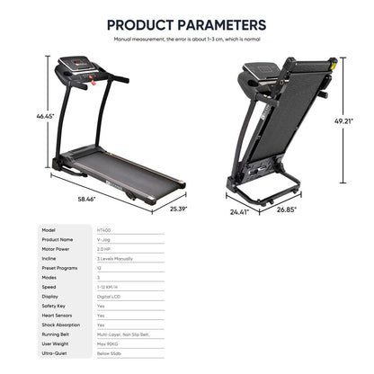 JC BUCKMAN V-Jog Treadmill – 2.0 HP Motor, Foldable, 3-Level Manual Incline, LCD Display, Shock Absorption, 12 Preset Programs