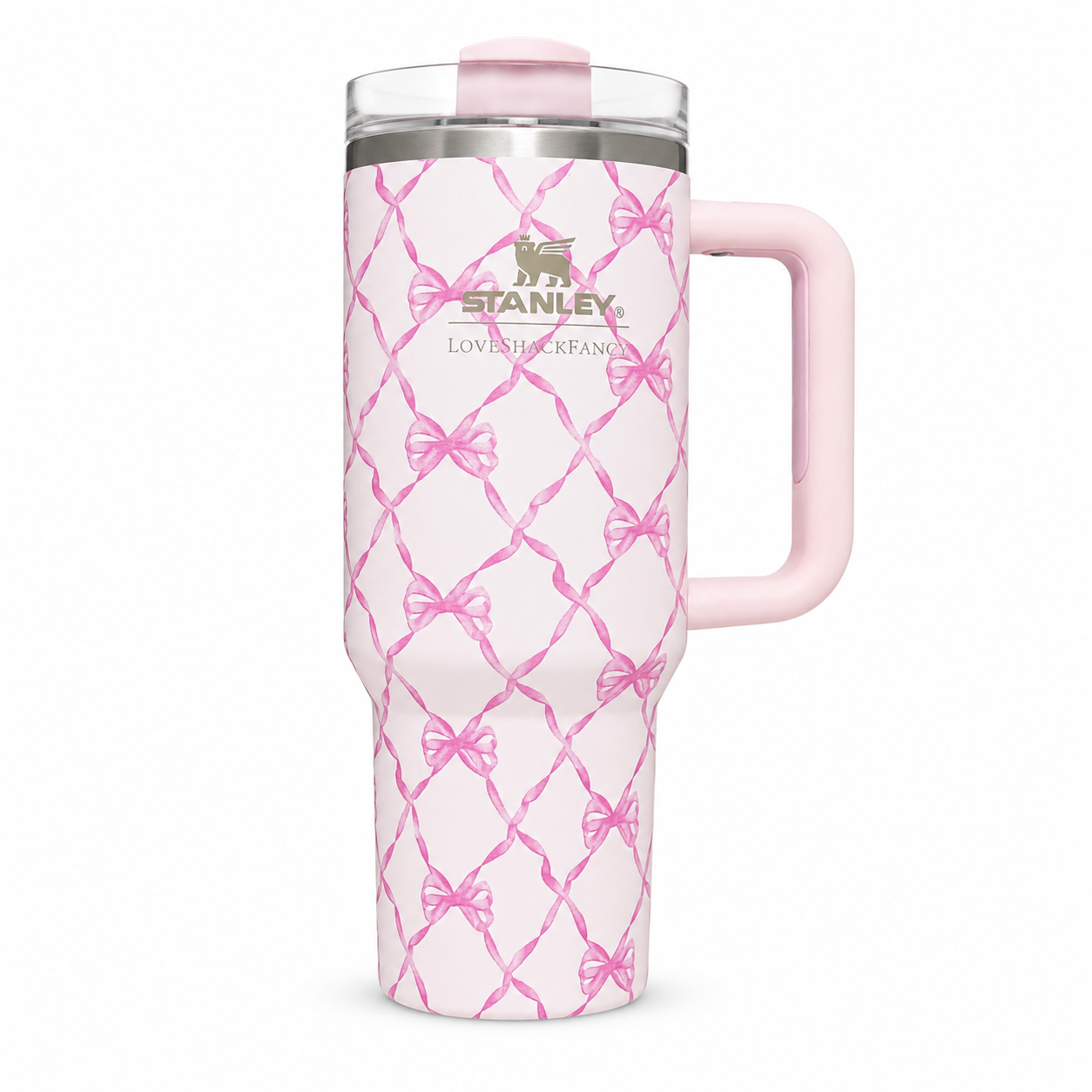 Stanley Quencher H2.0 FlowState tumbler 40 oz in Baby Bow Pink Peppermint, stainless steel with handle and straw