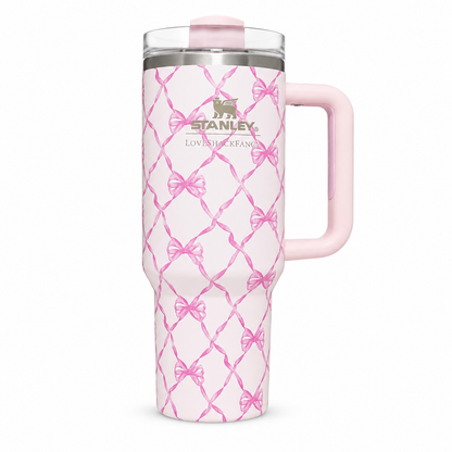 Stanley Quencher H2.0 FlowState tumbler 40 oz in Baby Bow Pink Peppermint, stainless steel with handle and straw