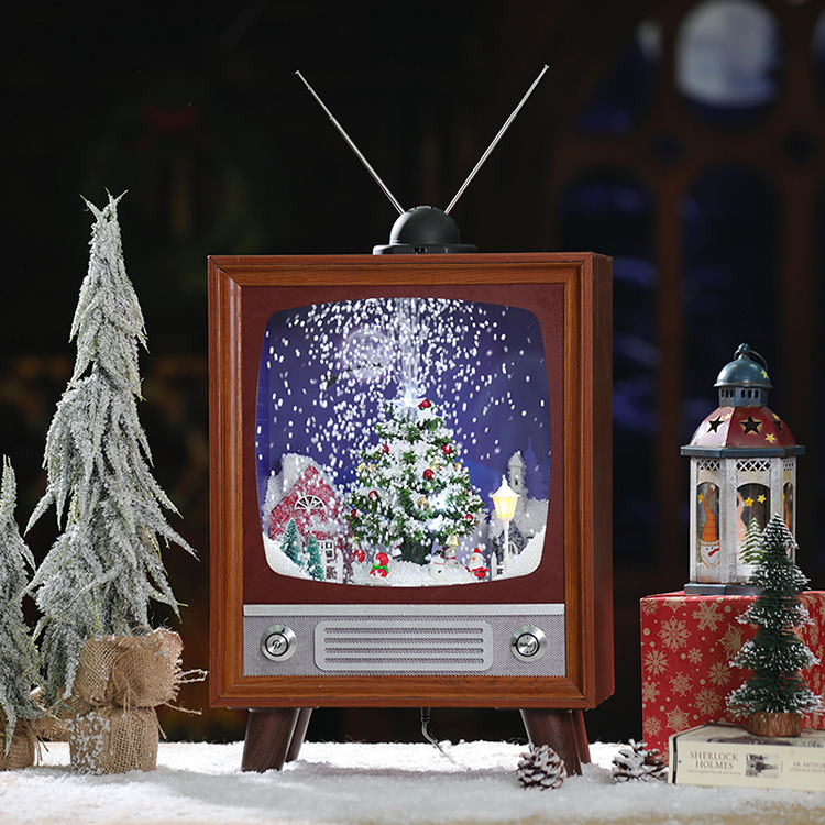 Christmas Rotating Snow Simulation Retro TV Ornament – Musical Snowing Lantern with Animated Scene & LED Lights