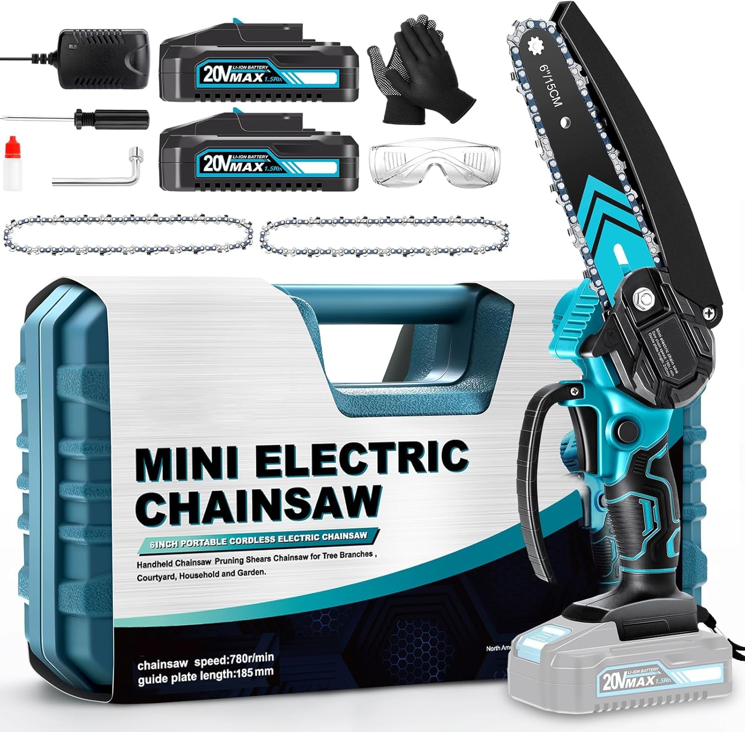 6-Inch Cordless Mini Pruning Chainsaw Kit - 20V with 2 Batteries and 3 Extra Chains