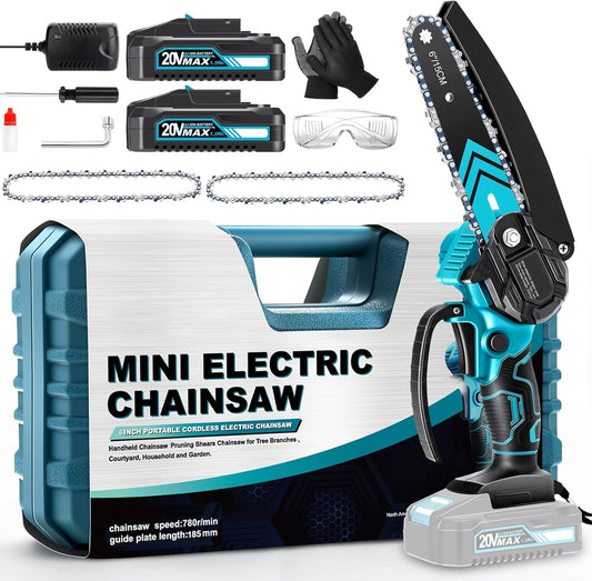 6-Inch Cordless Mini Pruning Chainsaw Kit - 20V with 2 Batteries and 3 Extra Chains