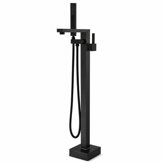 Freestanding Bathtub Faucet Tub Filler – Black Floor Mount Brass Faucet with Single Handle & Hand Shower