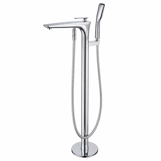 Bath Tap with Hand Shower, Brass Floor-Mounted Bathtub Faucet Set, Cold & Hot Single Handle Mixer with 1.5m Shower Hose in Black, Gold, and Silver