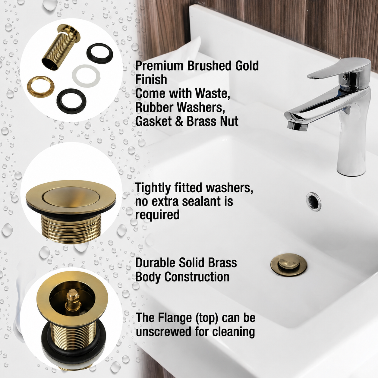 Brushed Gold Click-Clack Basin Waste - Brass Pop-Up Sink Drain Plug - product image 4