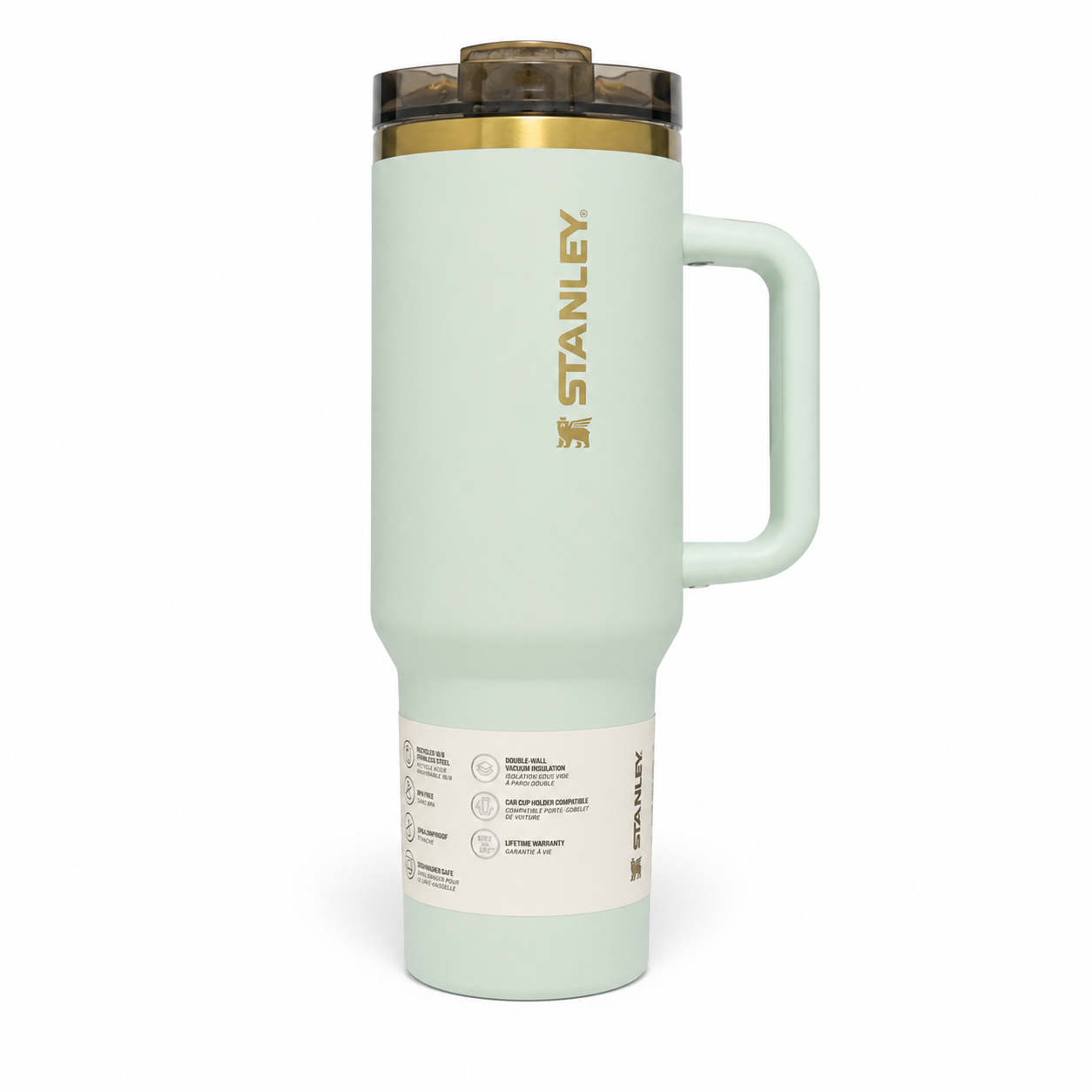 Stanley Quencher H2.0 FlowState tumbler 40 oz in Gilded Celadon, stainless steel with handle and straw