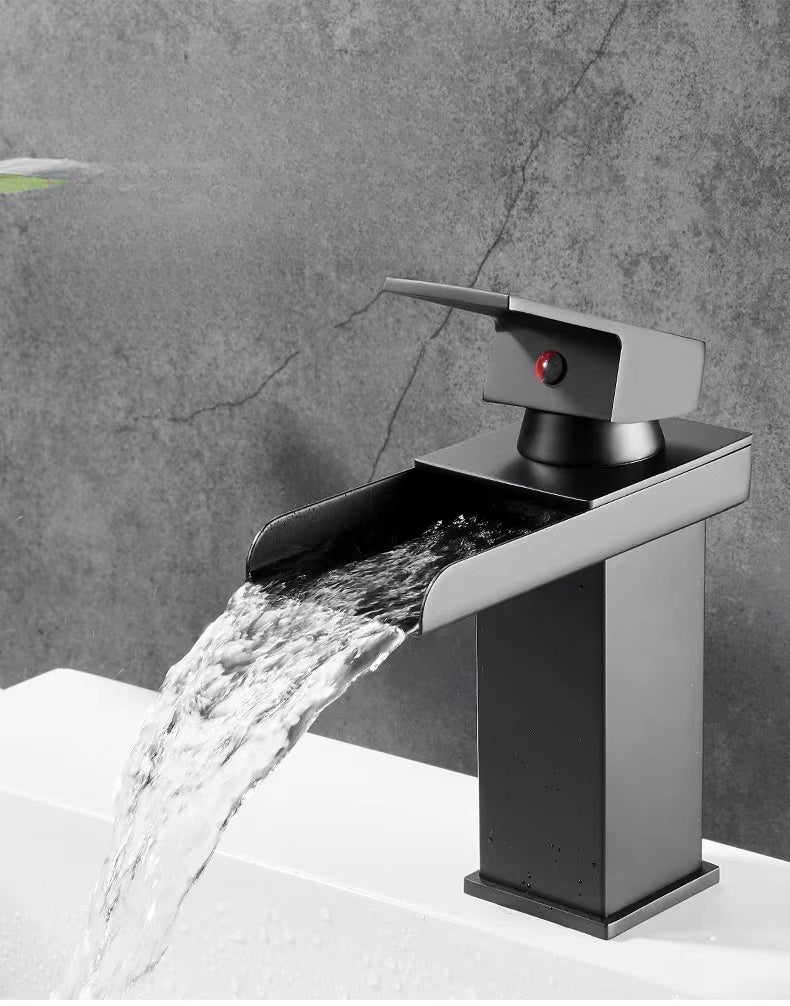 TAZEET Luxury Copper Waterfall Bathroom Faucet – Chrome Plated Basin Mixer Tap with LED Light, Single Handle Hot & Cold Sink Faucet for Vanity & Washbasin