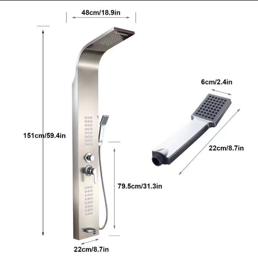 Stainless Steel Shower Panel Tower System with Multi-Function Rainfall, Waterfall, Massage Jets, Tub Spout, and Hand Shower for Home, Hotel, Resort